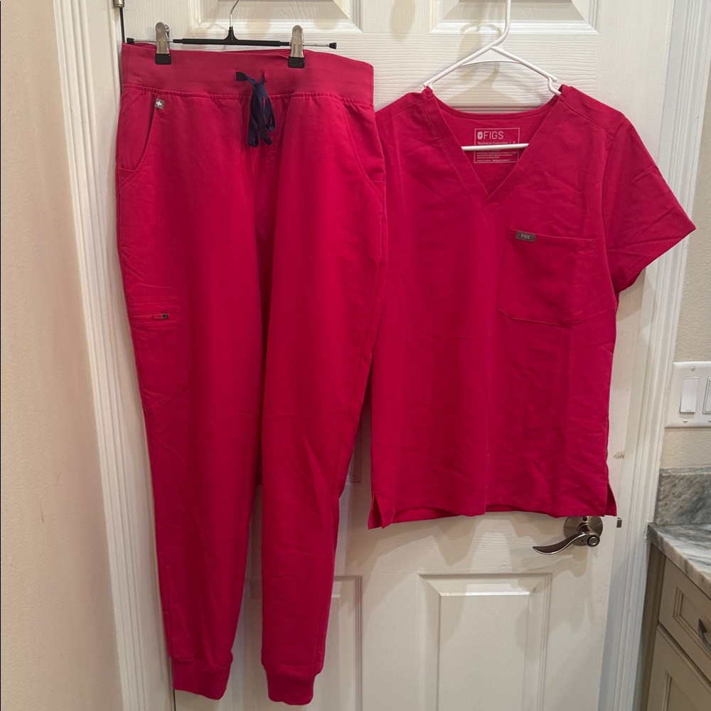 Figs Vivid Pink Scrub Set with V-Neck Top and Jogger Pants